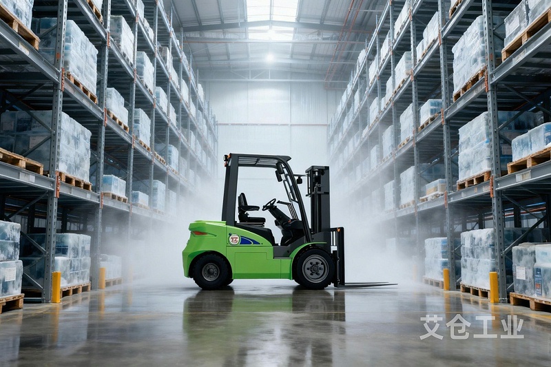 jimeng-2026-02-04-7885-将图中的绿色电动叉车放置在一个大型的冷冻仓库中，叉车停在两排高大的金属货架之间，...